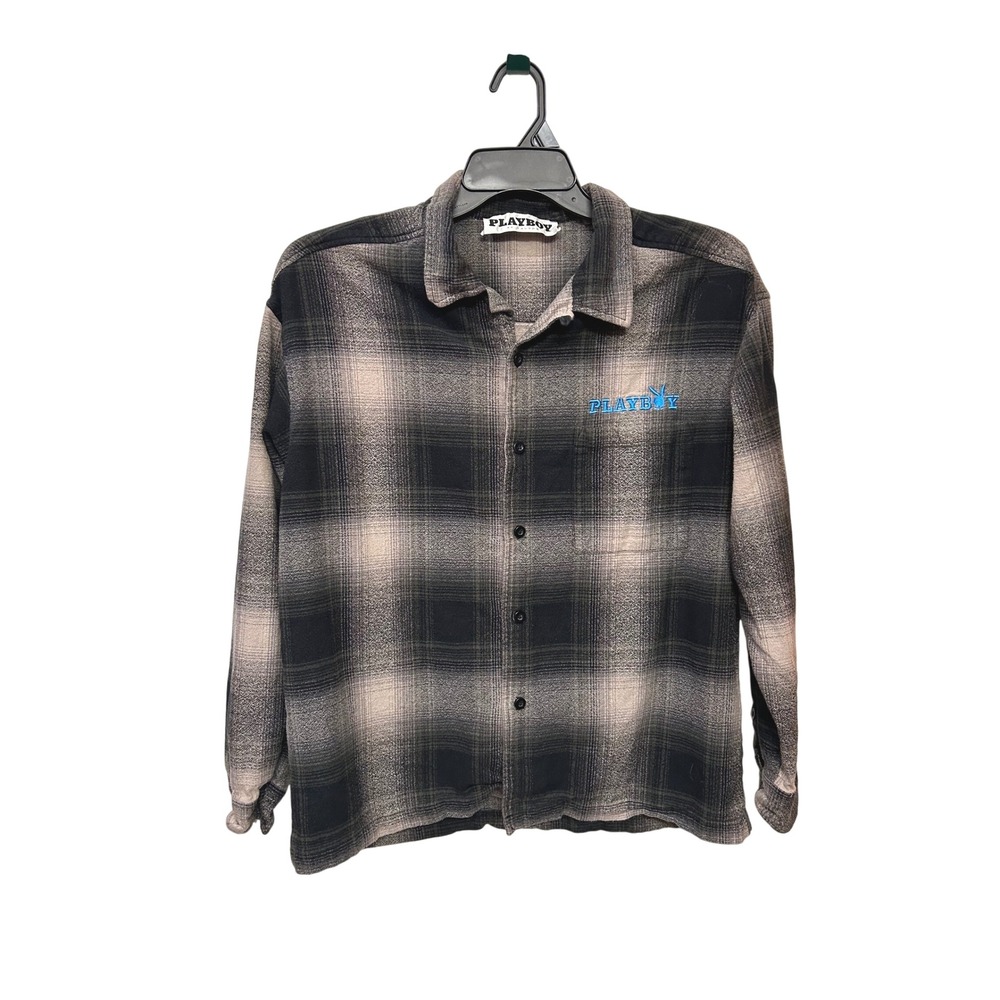 Playboy by PacSun Mens Ombre Plaid Flannel Shirt Black Grey Large Embroidered
